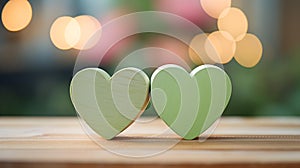 Close up of two light green Hearts on a wooden Table. Blurred Background