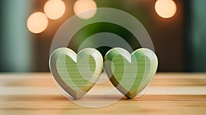 Close up of two light green Hearts on a wooden Table. Blurred Background