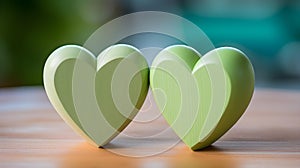 Close up of two light green Hearts on a wooden Table. Blurred Background
