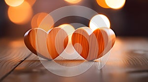 Close up of two light orange Hearts on a wooden Table. Blurred Background