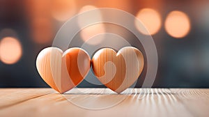 Close up of two light orange Hearts on a wooden Table. Blurred Background