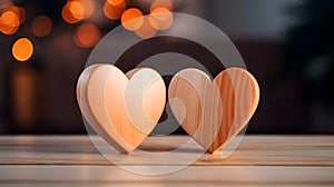 Close up of two light orange Hearts on a wooden Table. Blurred Background
