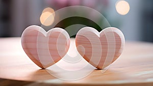 Close up of two light pink Hearts on a wooden Table. Blurred Background