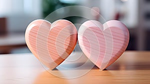 Close up of two light pink Hearts on a wooden Table. Blurred Background