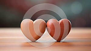 Close up of two light red Hearts on a wooden Table. Blurred Background