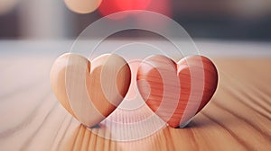 Close up of two light red Hearts on a wooden Table. Blurred Background