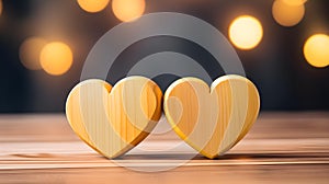 Close up of two light yellow Hearts on a wooden Table. Blurred Background