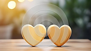 Close up of two light yellow Hearts on a wooden Table. Blurred Background