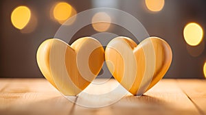 Close up of two light yellow Hearts on a wooden Table. Blurred Background