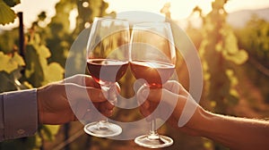 Close-up of two male hands holding glasses of red wine in vineyard