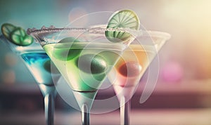 a close up of two martinis with limes and a lime