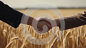 Close up of two mens shaking hands with wheat field on the background