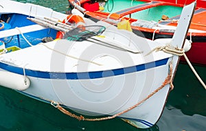 Close-up two moored traditional European fishing boats