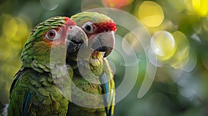 Close-up of two parrots with vibrant plumage