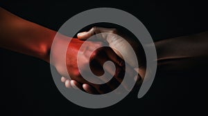 A close up of two people shaking hands with a black background, AI