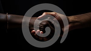 A close up of two people shaking hands in a dark room, AI
