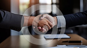 A close up of two people shaking hands in the office