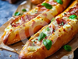 A close up of two pieces of bread with cheese and basil on top
