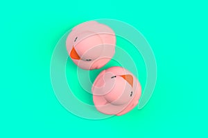 Close up of two pink rubber ducks isolated. Bath toys on a green background. Top view with copy space. Summer wallpaper.