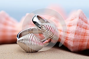 close-up of two platinum wedding rings in a pink conch shell against a sea backdrop