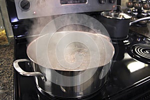 Stainless steel pots cooking on kitchen stove