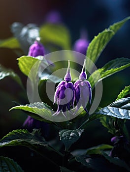 Close-up of two purple flowers, one on left and another on right. They are surrounded by green leaves and appear to be