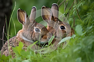 close-up of two rabbits snuggling, surrounded by lush green meadow