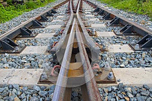 Close up Two railway tracks merge together