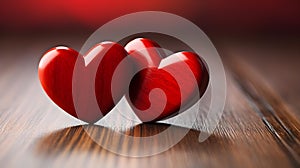 Close up of two red Hearts on a wooden Table. Blurred Background