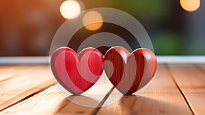 Close up of two red Hearts on a wooden Table. Blurred Background