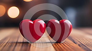 Close up of two red Hearts on a wooden Table. Blurred Background