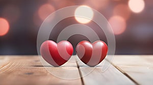 Close up of two red Hearts on a wooden Table. Blurred Background