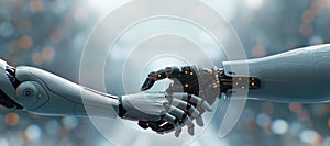 Close up two robotic arms engage in a handshake, symbolizing the advanced collaboration. Generated image