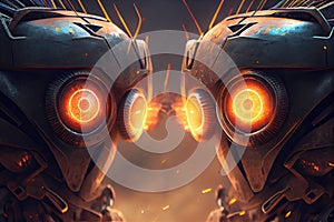 close-up of two robots' eyes, with menacing stare and sparks flying