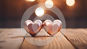 Close up of two rose gold Hearts on a wooden Table. Blurred Background
