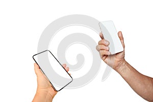 close-up of two smartphones, mobile phones with white blank screen in female person, Telecommunication, technology in everyday,