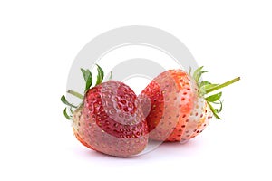 Close up two strawberries fruits Isolated on white background. S