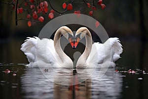 close-up of two swans forming a heart shape with their necks