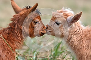 close-up of two tiny goats head-butting and playing in the field