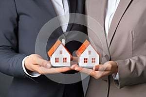 Close up two unrecognizable successful business people real estate agents elegant suit holding hands model small