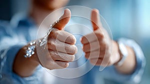 Close-up of two wet hands giving a strong double thumbs-up gesture