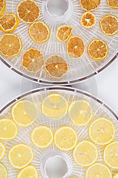 close-up, on two white grates, sliced round fresh and dried lemon