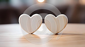 Close up of two white Hearts on a wooden Table. Blurred Background