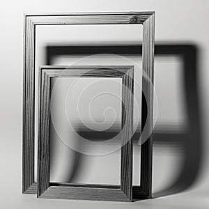 Close-up of two wooden frames with shadows on grey background. Black and white photo.