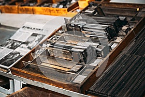 Close Up Of Typesetting Linotype Machine, Imprint. Paper Mill Museum. Famous Landmark, Historical Heritage