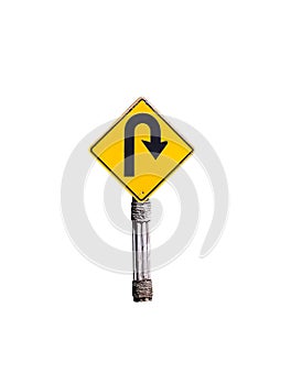 U-turn right traffic road on old wood pole traffic sign isolated on white background, clipping path