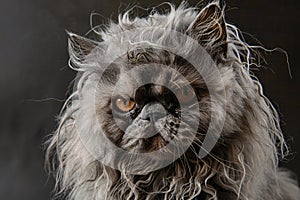 Close up of ugly angry looking Persian cat on dark background