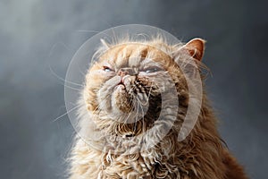 Close up of ugly angry looking red Persian cat on dark background