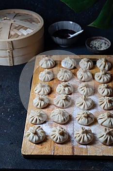 Close up of uncooked Baozi chinese dumplings. Azian dumplings