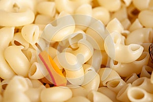 Close-up of uncooked elbow macaroni pasta with selective focus